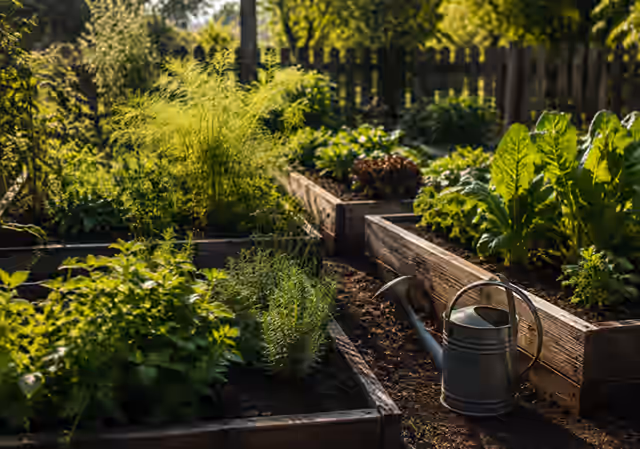 Vegetables and herbs growing in garden beds