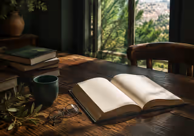 An open book on a sunlit reading table