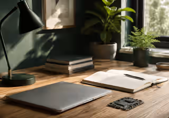 A laptop and notebook on a sunlit work desk