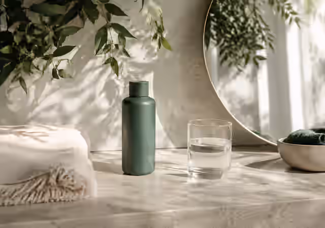 Skincare, a glass of water and a cotton towel on a counter