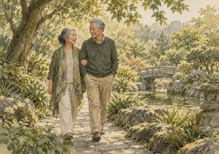 คู่สูงวัยเดินในสวนประกอบการวางแผนดูแลหลังศัลยกรรมดึงหน้า