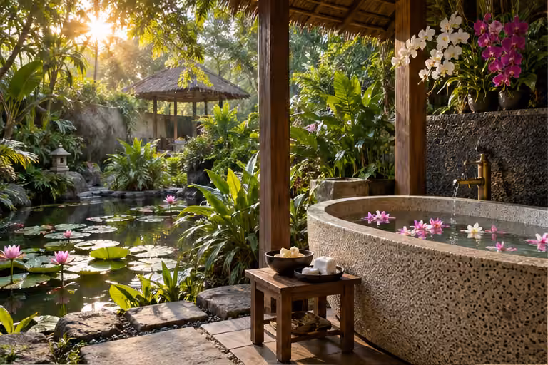 ศาลาสปาในสวนข้างอ่างหินที่โรยกลีบดอกไม้