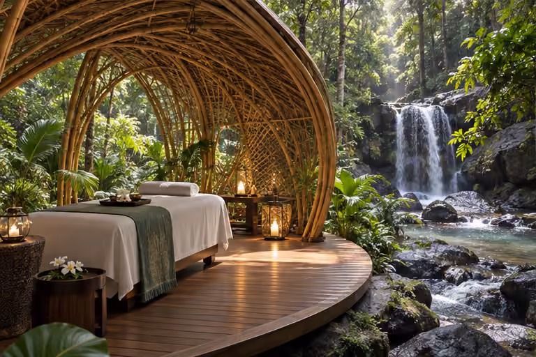 ศาลาสปาไม้สานข้างน้ำตกกลางสวน